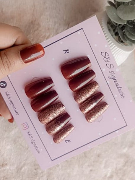 ✨ Burgundy Rose Gold Shine – Press-On Nails ✨